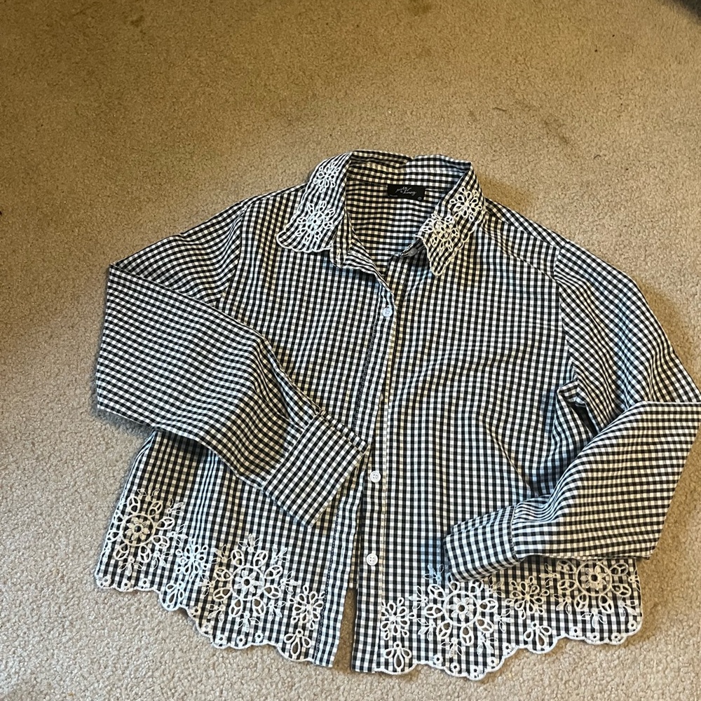 Black and white plaid shirt with lace embroidery details